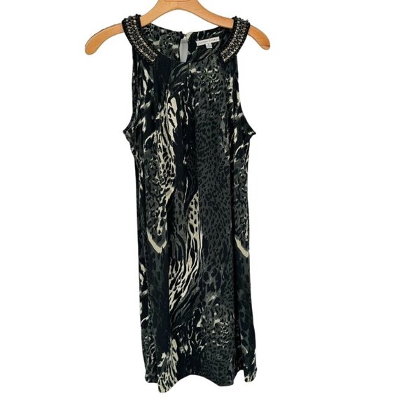 Sandra Darren Beaded Collar Sleeveless Animal Print Dress knit womens size 12 - Picture 1 of 11